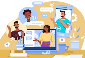 An illustration showing a group of teachers meeting and chatting virtually.