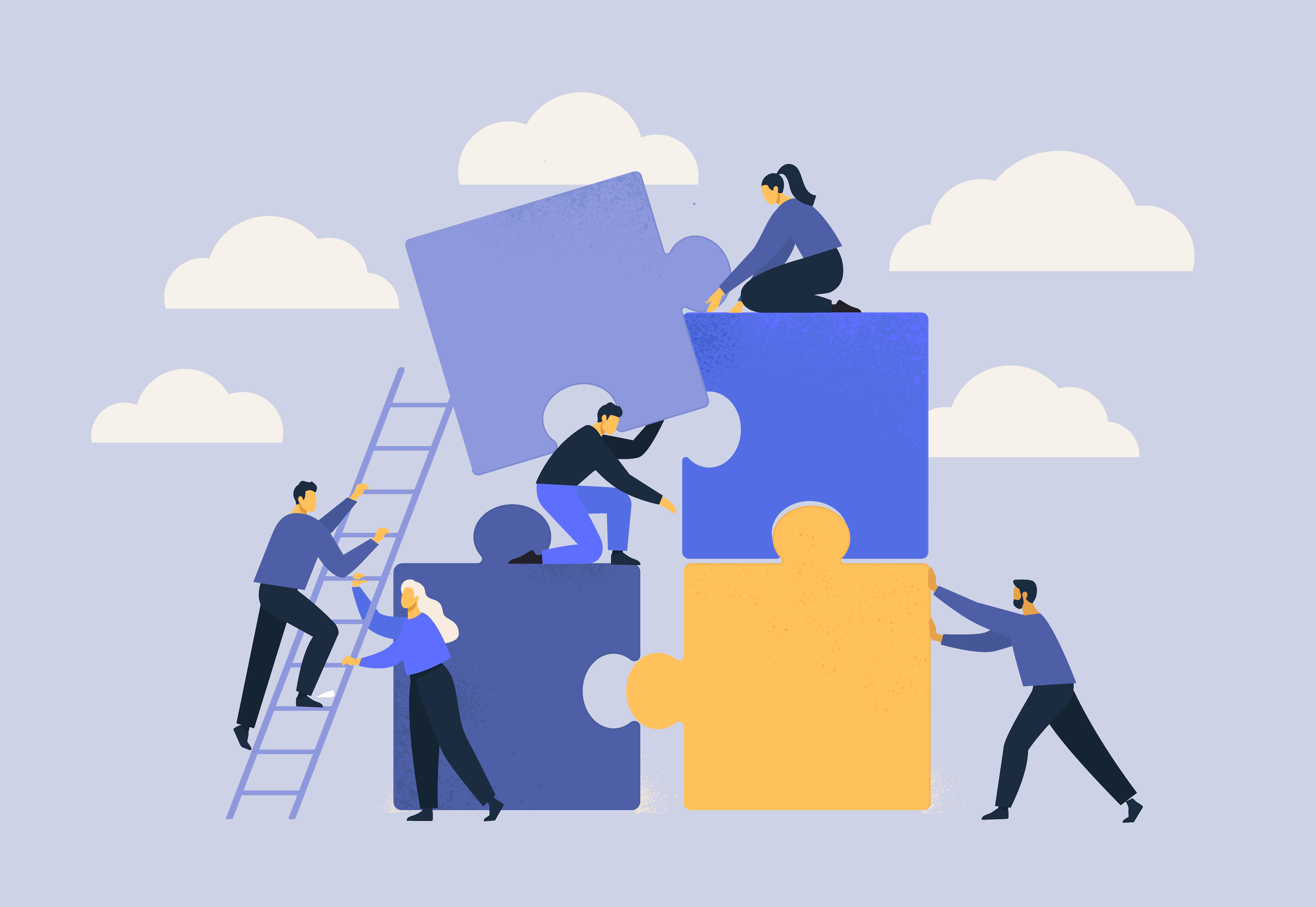 An illustration showing five people putting together large puzzle pieces.
