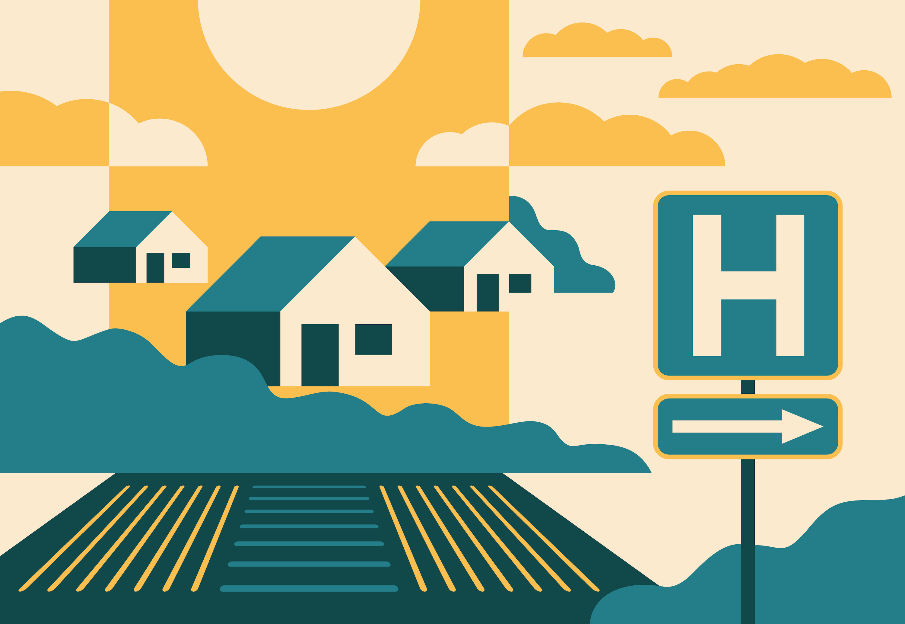A vector illustration of a hospital sign next to a rural community.