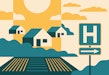 A vector illustration of a hospital sign next to a rural community.