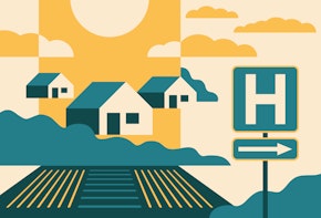 A vector illustration of a hospital sign next to a rural community.