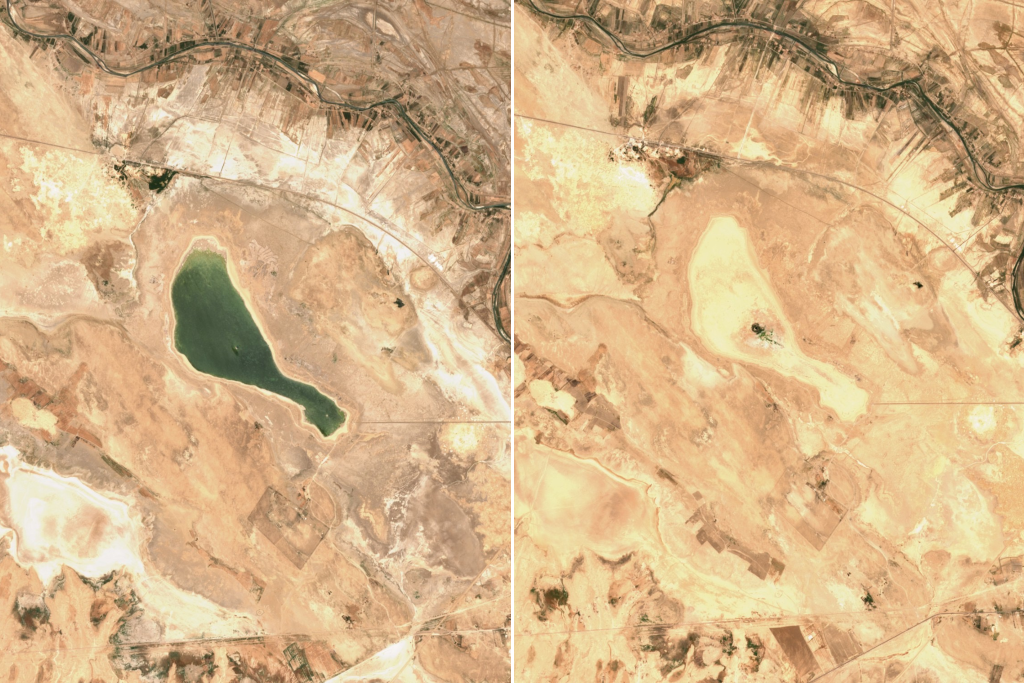 Sawa Lake in June 2019 (left) and June 2023 (right). Source: Sentinel Hub Satellites (EO browser), true color images