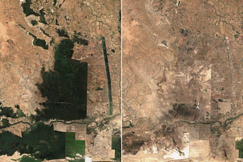 The Iraqi Marshes in August 2019 (left) and August 2023 (right). Source: Sentinel Hub satellites (EO browser), true color images