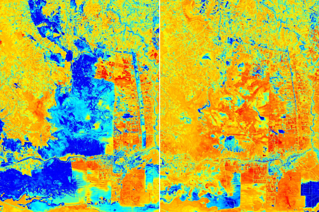 The Iraqi Marshes in June 2019 and August 2023 (right), showing general moisture. Source: Sentinel Hub Satellites (EO browser), NDMI images