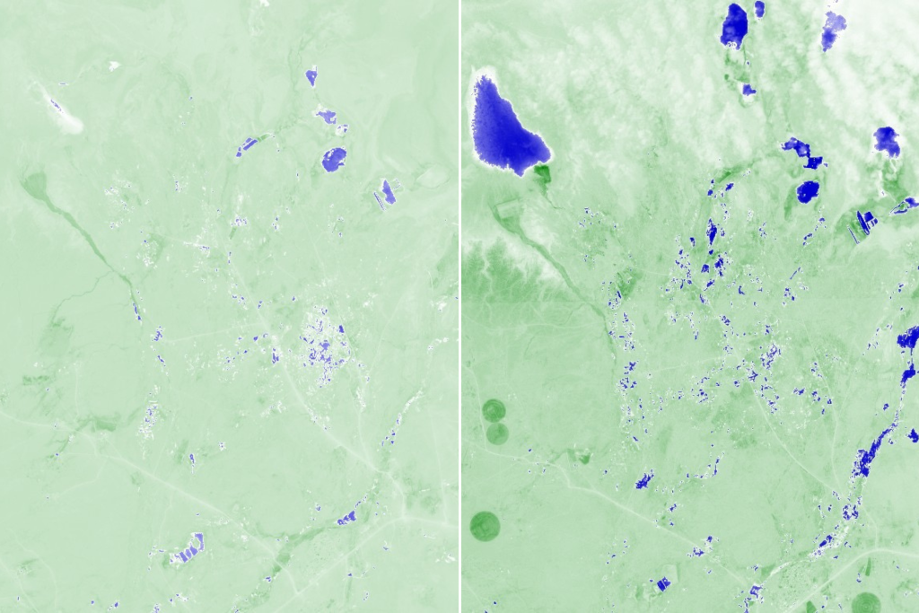 Fishponds in the southern part of Razzaza Lake in Karbala July 2017 (left) and January 2023. Source: Sentinel Hub Satellites (EO browser), NDWI images.