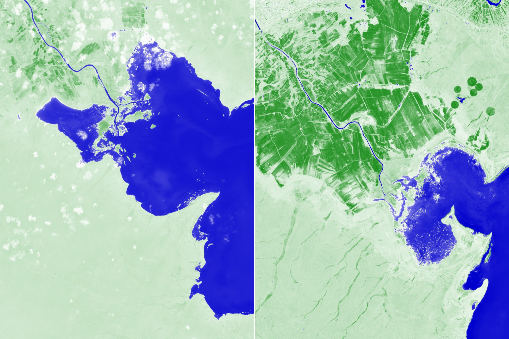 Lake Habbaniyah in March 2017 and March 2023 (right). Source: Sentinel Hub Satellites (EO browser), NDWI images. Used with permission granted to the author as a researcher.
