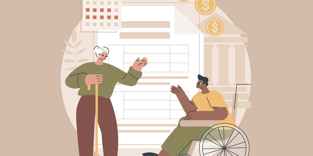 A vector graphic showing financial icons behind an older woman with a cane and a person in a wheelchair.