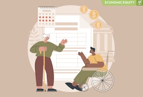 A vector graphic showing financial icons behind an older woman with a cane and a person in a wheelchair.
