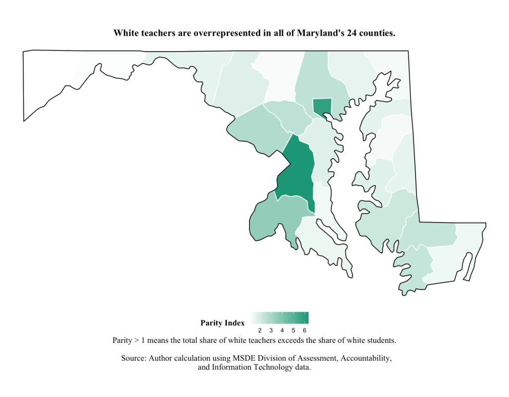 A green and white heat map of Maryland's 24 counties.
