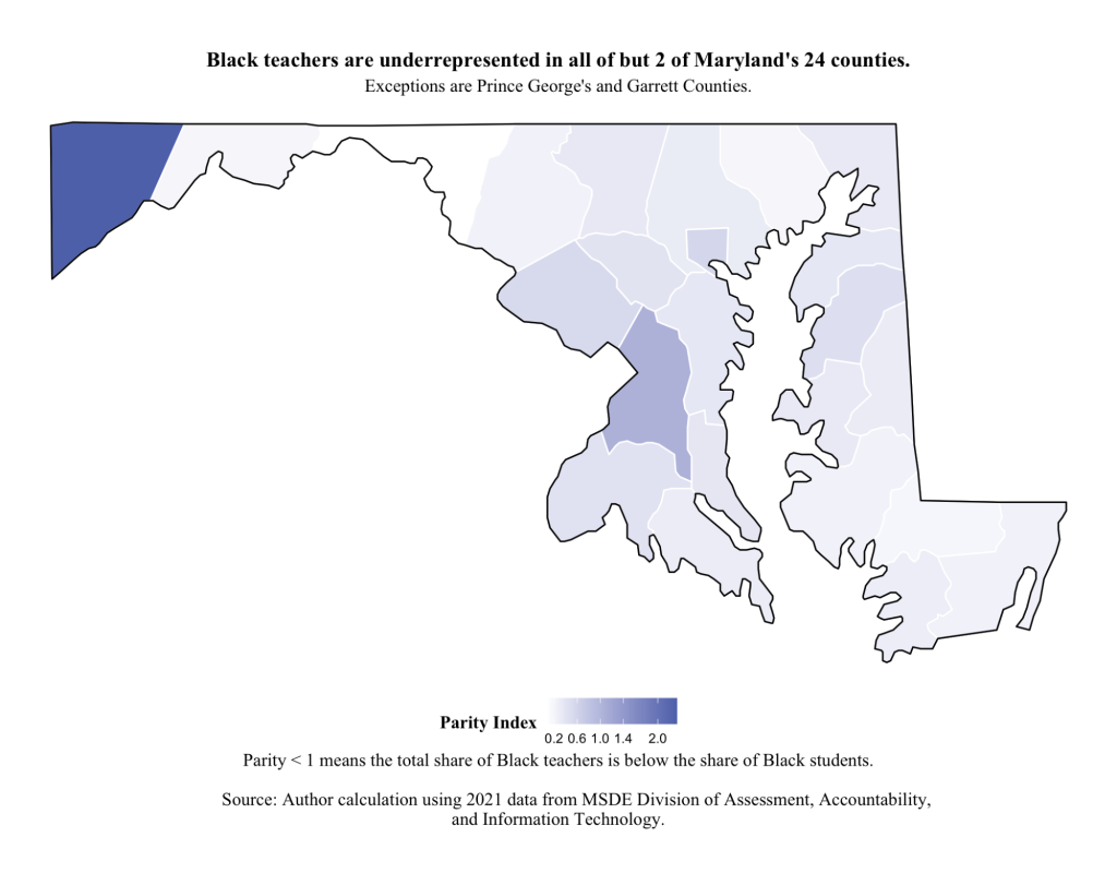 A blue and white heat map showing Maryland's 24 counties.