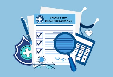 A vector illustration showing a pile of health insurance documents and a magnifying glass against a blue background.