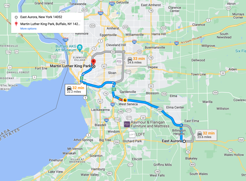 A screenshot of a Google Maps screen showing the routes between Martin Luther King Park and East Aurora.