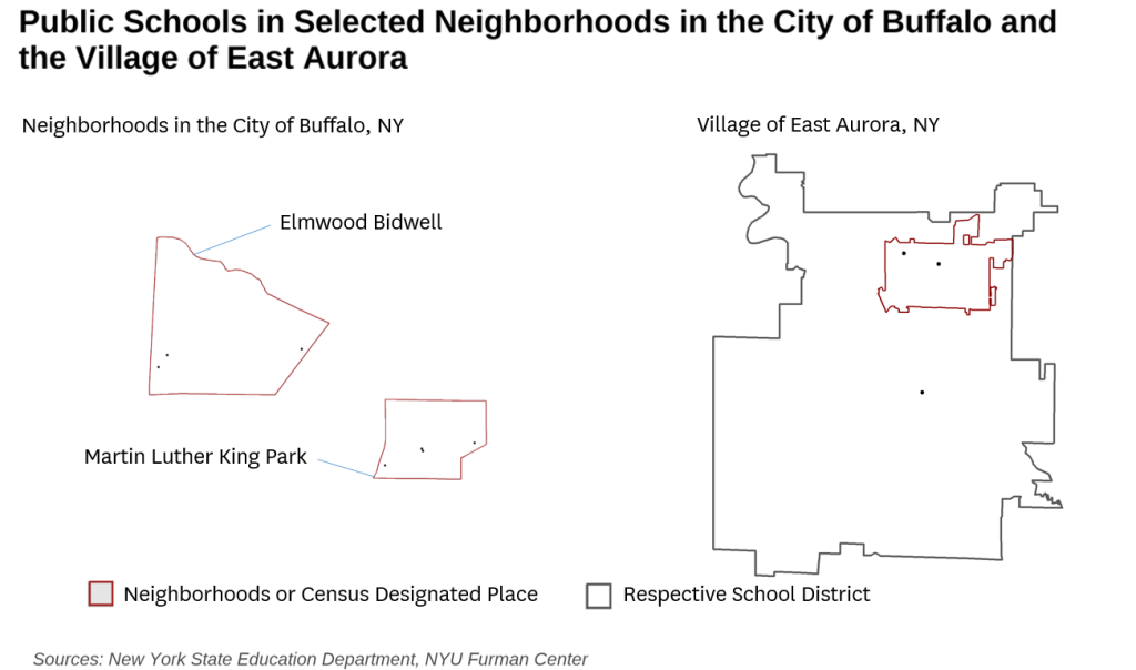 An outline map showing outlines of the city of Buffalo and village of East Aurora.