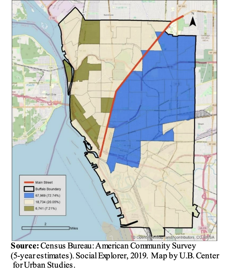 A color-coded map of Buffalo showing different neighborhoods or settlements in green, beige, or blue.