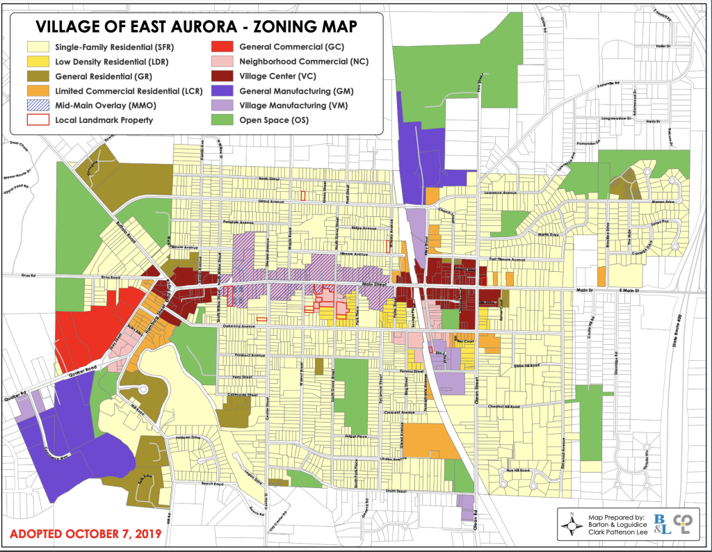 A multi-colored zoning map of East Aurora.