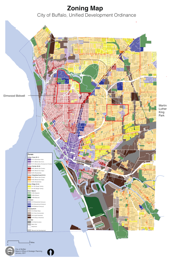 A multi-colored zoning map of the city of Buffalo, NY.
