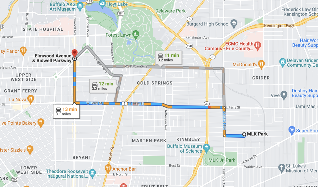 A Google Maps screenshot showing a route between Marin Luther King Park and Elmwood-Bidwell.