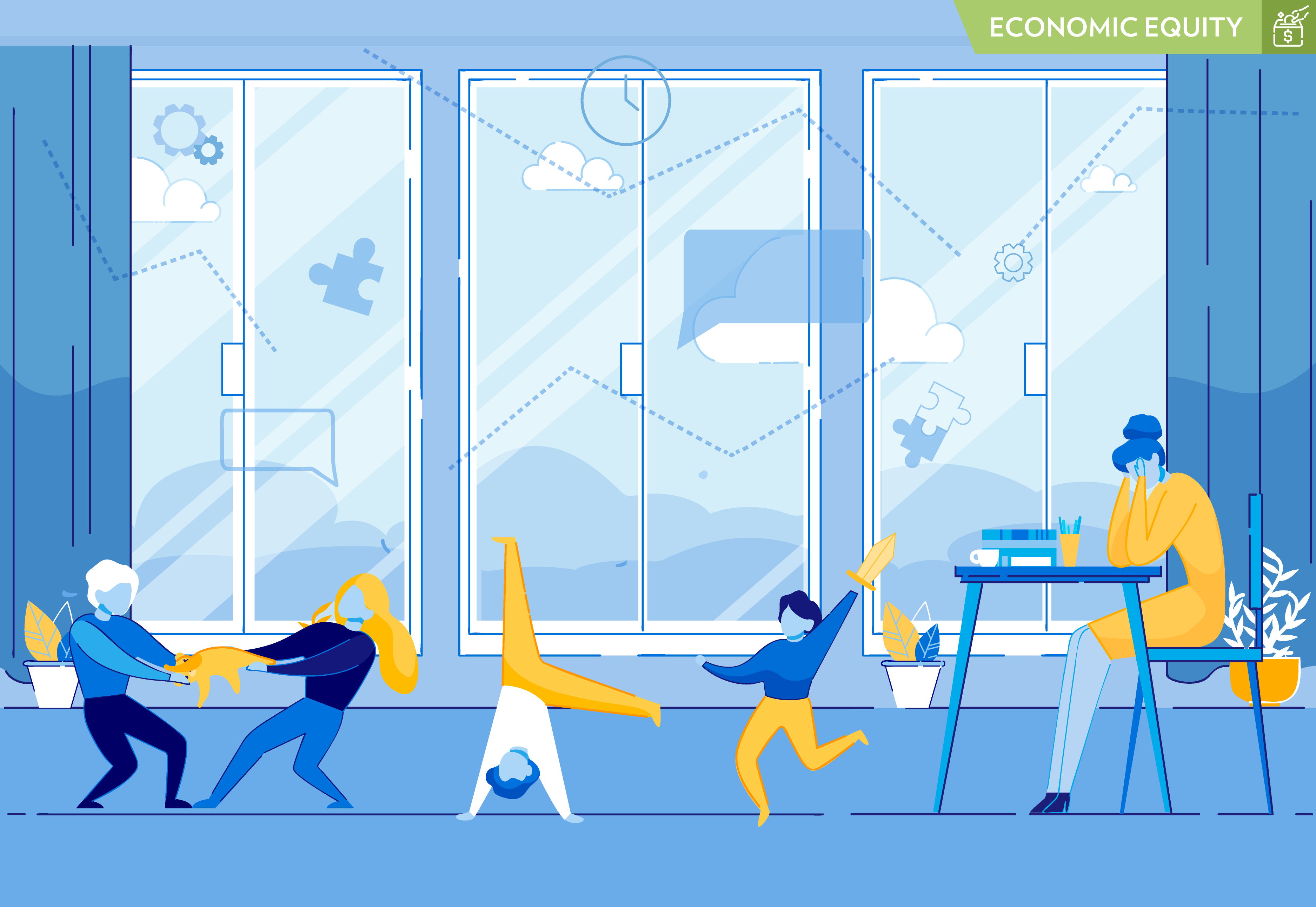 A blue graphic showing a mother stressed out at a table while four children play around her.