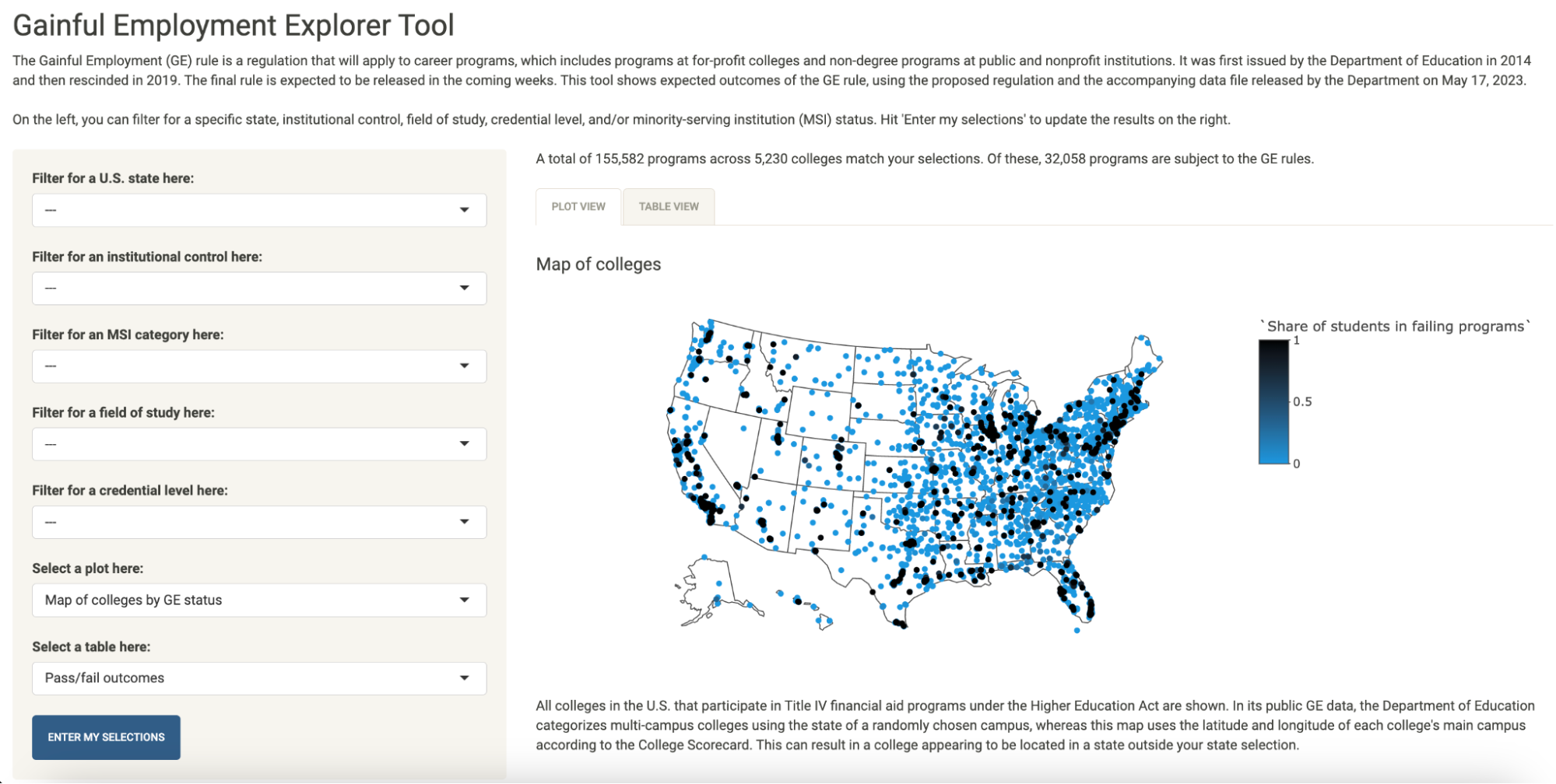 A screenshot showing a Gainful Employment interface tool that features a blue dot map of the U.S.