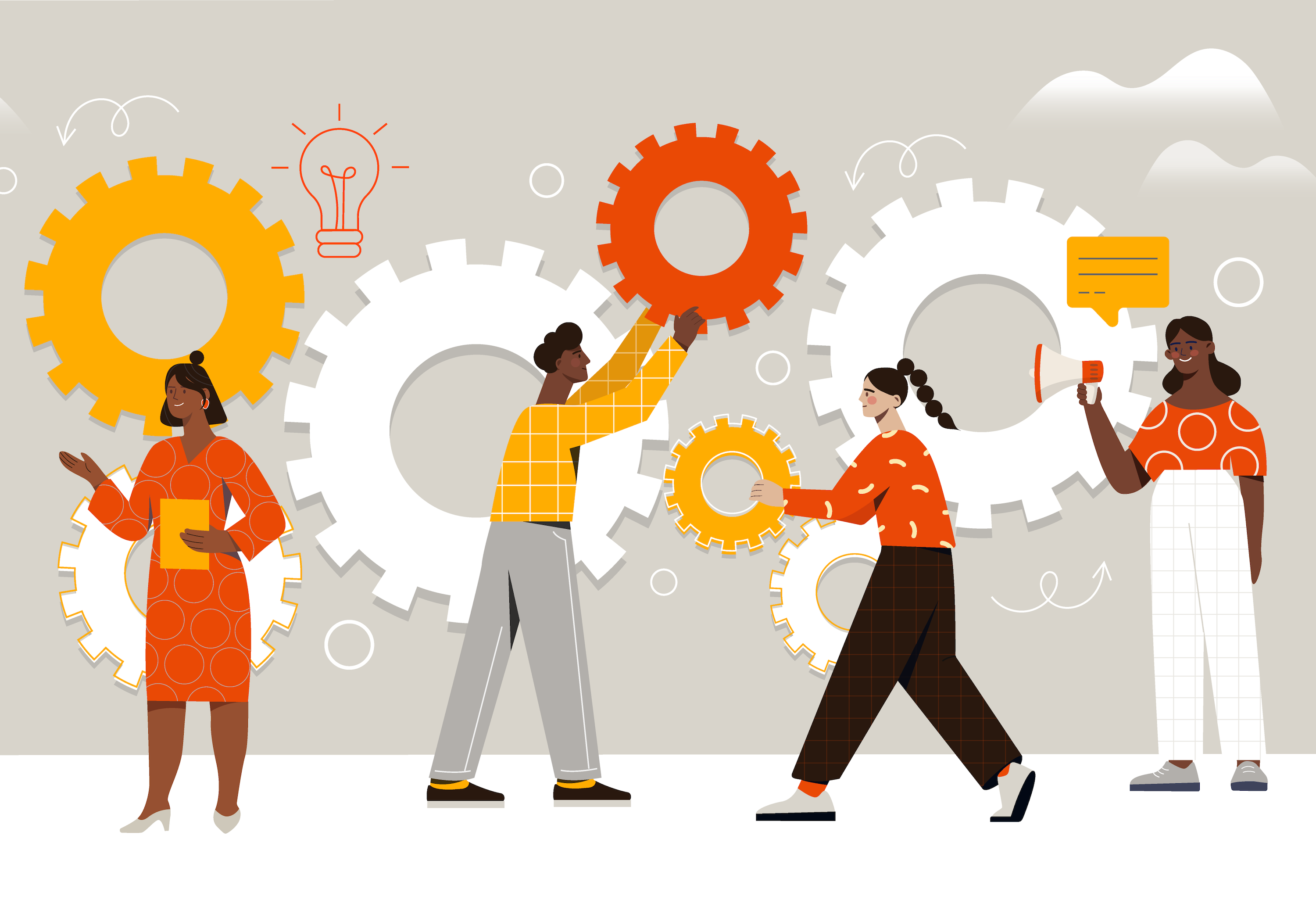 A vector illustration showing a group of four people collaborating and working with giant cogwheels.