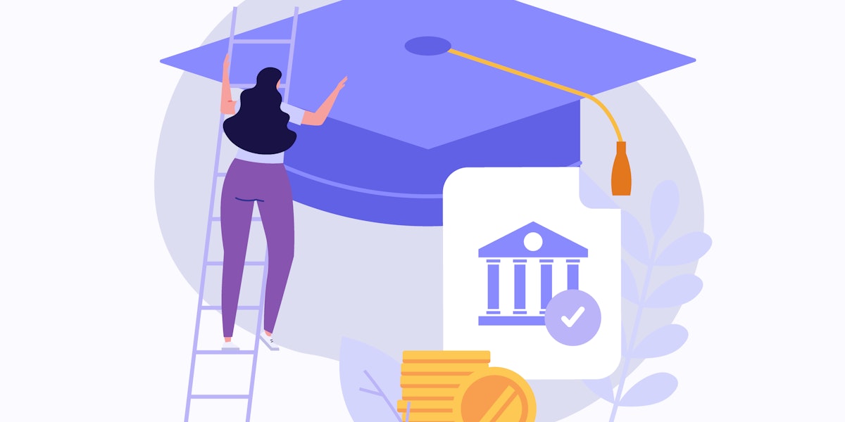 A vector illustration showing a giant graduation cap with a ladder leaning against it and a student climbing up it.