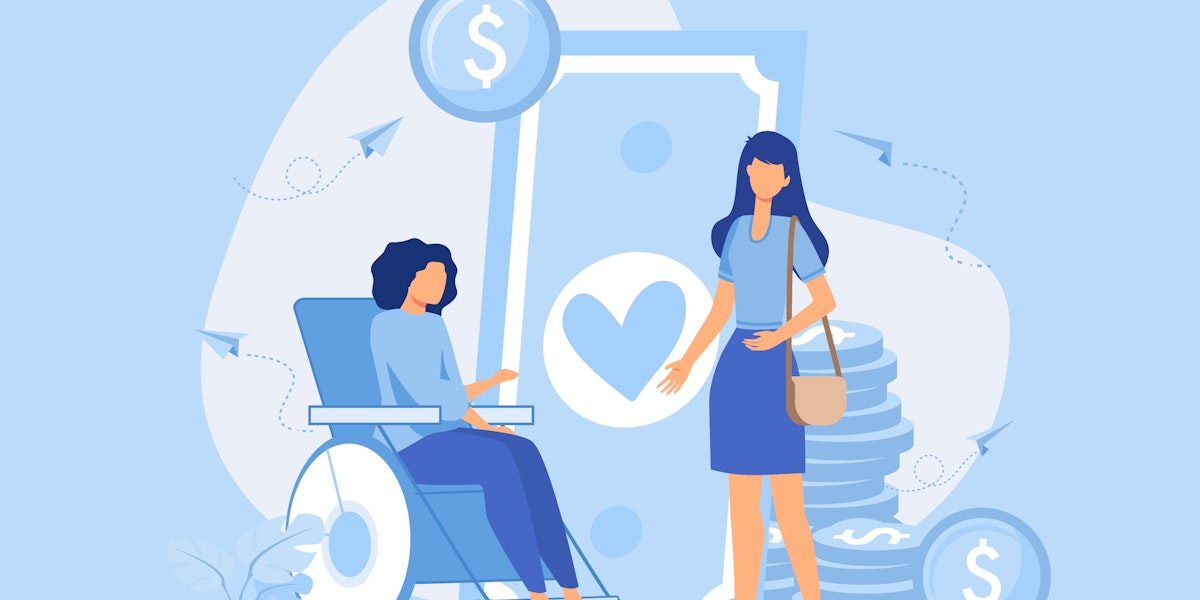 A vector illustration showing large money icons behind two women, representing financial support from family.