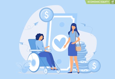 A vector illustration showing large money icons behind two women, representing financial support from family.