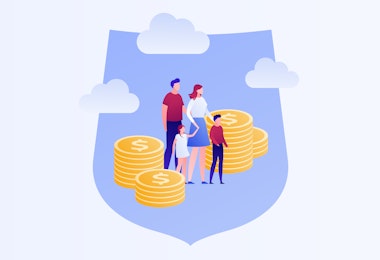 A family is surrounded by piles of large coins and nestled inside a shield icon.