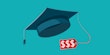 A floating graduation cap with a price tag attached to it against a teal background.