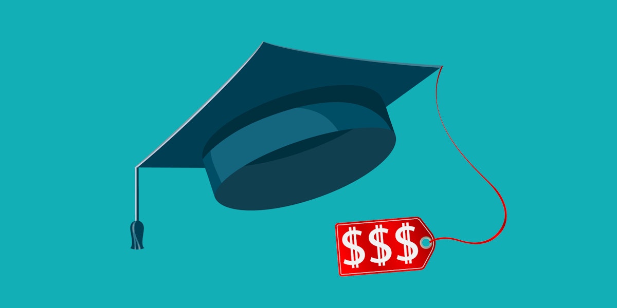A floating graduation cap with a price tag attached to it against a teal background.