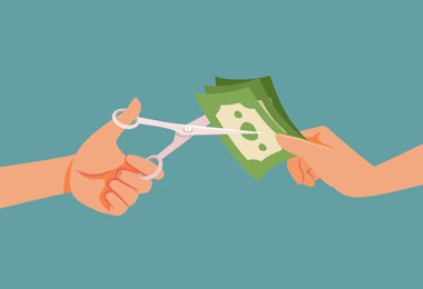 An illustration of two pairs of hands cutting cash with a pair of scissors.