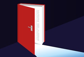 A door that looks like a book is shining light against a dark background.