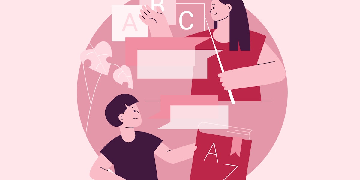 An illustration showing two people in a pink circle surrounded by speech bubbles and alphabet blocks, alluding to language education.