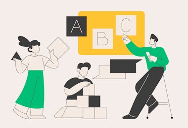 An illustration showing a teacher pointing to a board and instructing two students.