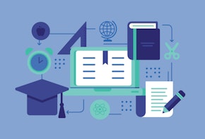 An illustrative collage showing a computer, a graduation cap, a book, and a few other education-related icons.