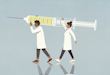 An illustration showing two doctors carrying a large syringe.