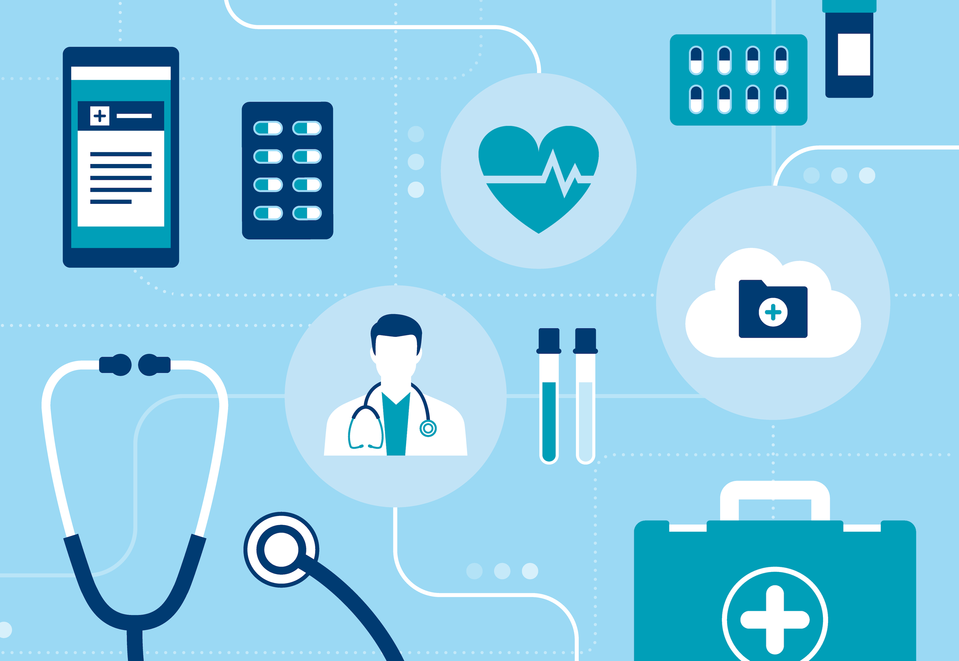 A collage of health care related icons, which include packs of medications, a first aid kit, and a stethoscope, against a light blue background.