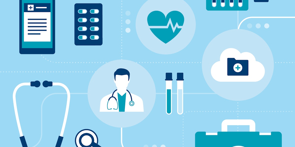 A collage of health care related icons, which include packs of medications, a first aid kit, and a stethoscope, against a light blue background.
