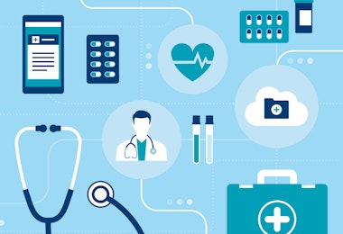 A collage of health care related icons, which include packs of medications, a first aid kit, and a stethoscope, against a light blue background.