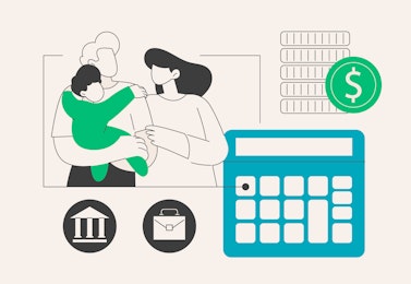 A concept graphic showing two parents holding a child and the three of them next to a large calculator and coins, representing the rising costs of child care.