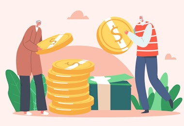 A graphic showing two people stacking large coins, representing them saving for retirement.