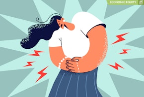 An illustration of a person in discomfort because of stomach pain against a green background.