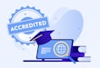 A concept graphic with a light blue background that shows a laptop, a graduation cap, and a seal of approval, representing the accreditation of college programs.