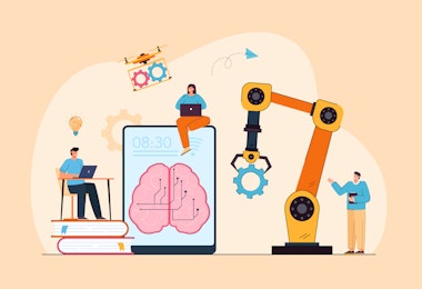 A concept graphic that shows a few students at their computers next to a crane, representing students specializing in innovation and manufacturing.