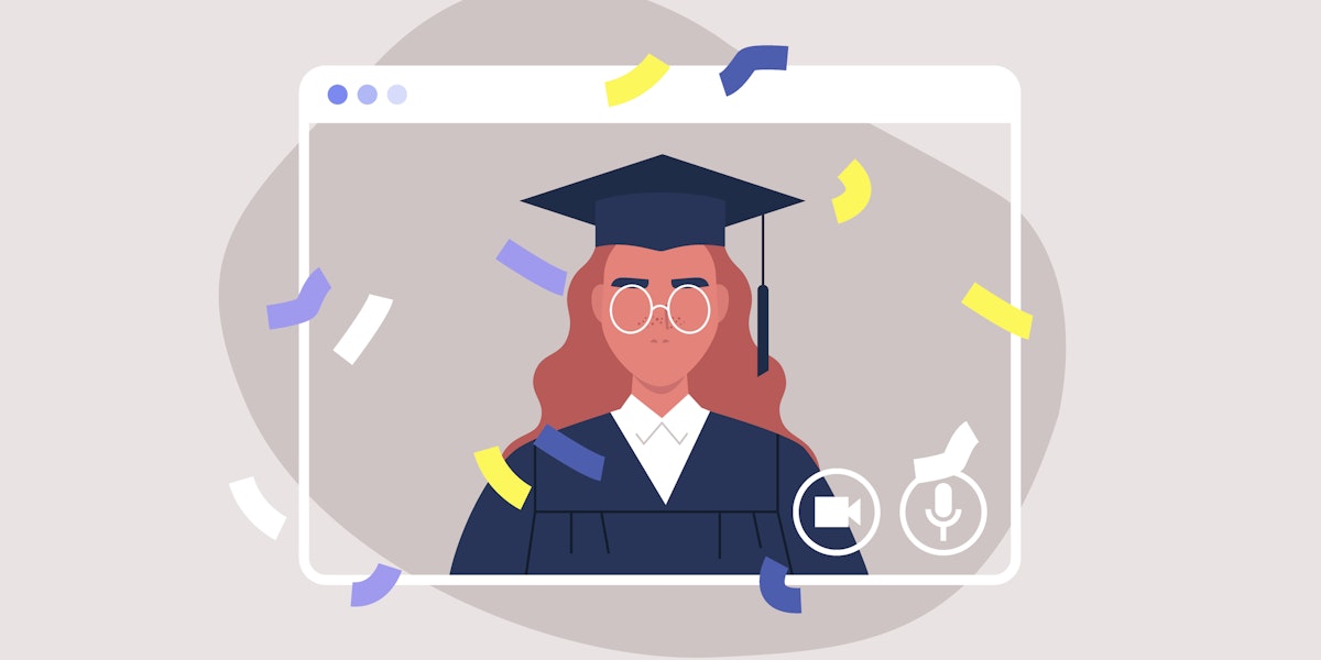 An illustrated graphic showing a student with red hair in a blue cap and gown behind a computer window cut-out, representing graduating students from online programs.