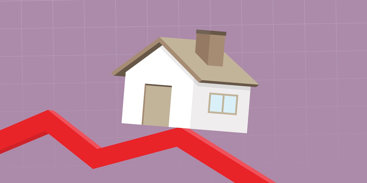 An illustrated graphic showing a house balancing on a downward trending arrow, representing decreasing housing prices.
