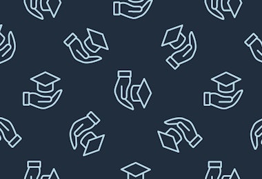 A repeating light blue icon of a hand holding a graduation cap against a dark blue background.