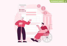 A person holding a cane is interacting with another person in a wheelchair against a pink background.