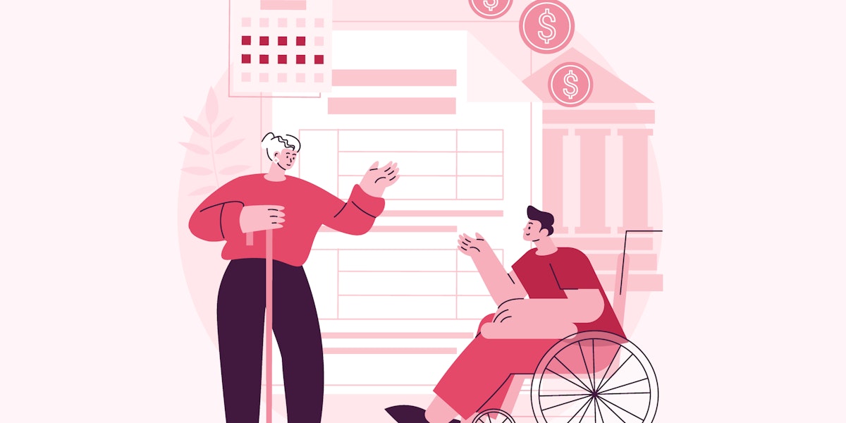 A person holding a cane is interacting with another person in a wheelchair against a pink background.
