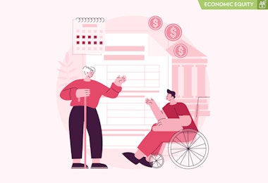 A person holding a cane is interacting with another person in a wheelchair against a pink background.